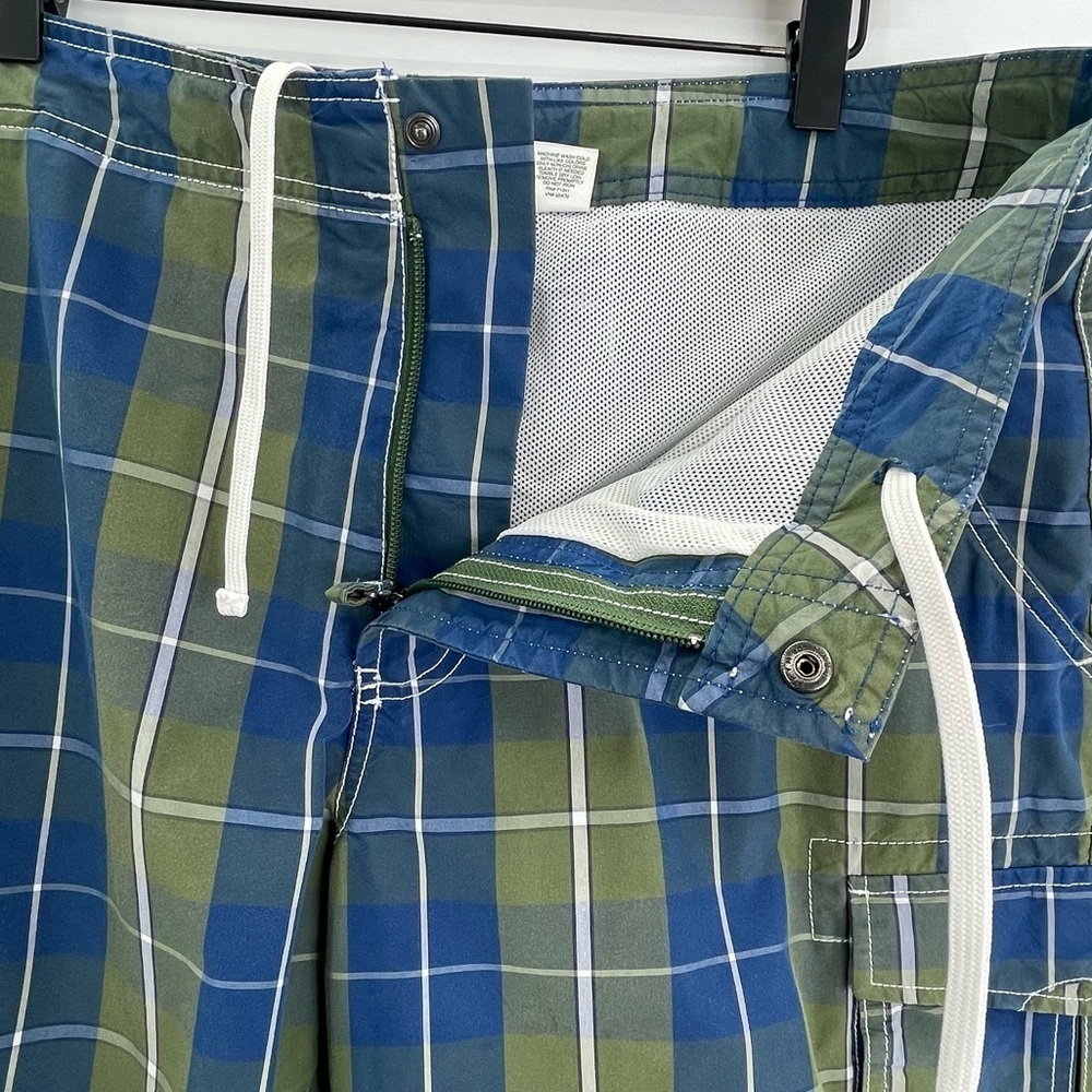 Vintage Y2K L.L. Bean Swim Trunks Preppy Blue Green Plaid Cargo Pockets | 34x10 - Picture 3 of 9